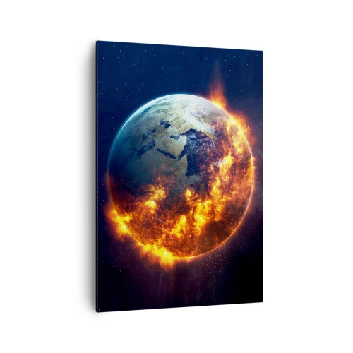 Impression sur toile - Image sur toile - La planète Terre en feu dans l'espace - 70x100cm - La flamme de l'apocalypse - Décoration murale moderne pour le salon et la chambre ARTTOR