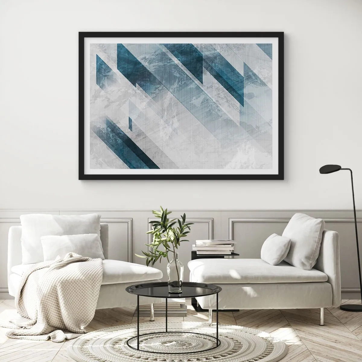 Affiche dans un cadre noir - Poster - Lignes abstraites dans des tons de gris et de bleu - 70x50cm - Composition spatiale - mouvement gris - Décoration murale moderne pour le salon et la chambre ARTTOR