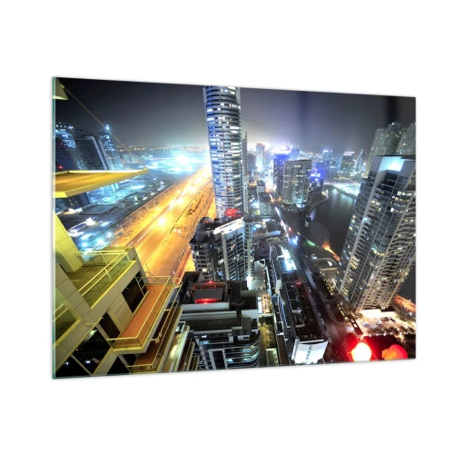 Impression sur verre - Image sur verre - Panorama de la ville nocturne avec des gratte-ciel illuminés - 100x70cm - Un miracle dans le désert - Décoration murale moderne pour le salon et la chambre ARTTOR