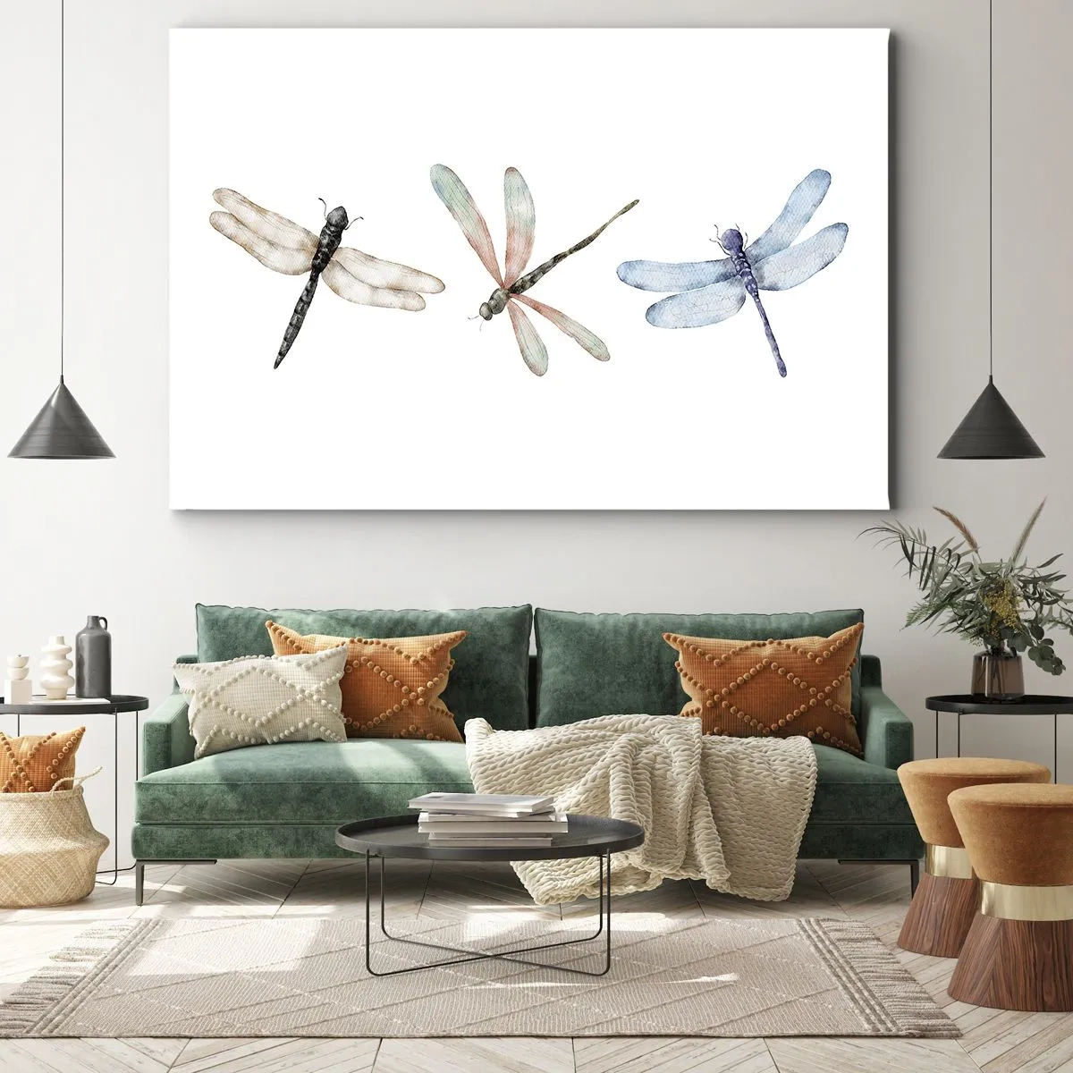 Impression sur toile - Image sur toile - Trois libellules aux couleurs pastel délicates - 70x50cm - Libellules en apesanteur - Décoration murale moderne pour le salon et la chambre ARTTOR