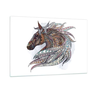 Impression sur verre - Image sur verre - Cheval coloré dans un style artistique avec des motifs géométriques - 120x80cm - Destrier guerrier celtique - Décoration murale moderne pour le salon et la chambre ARTTOR