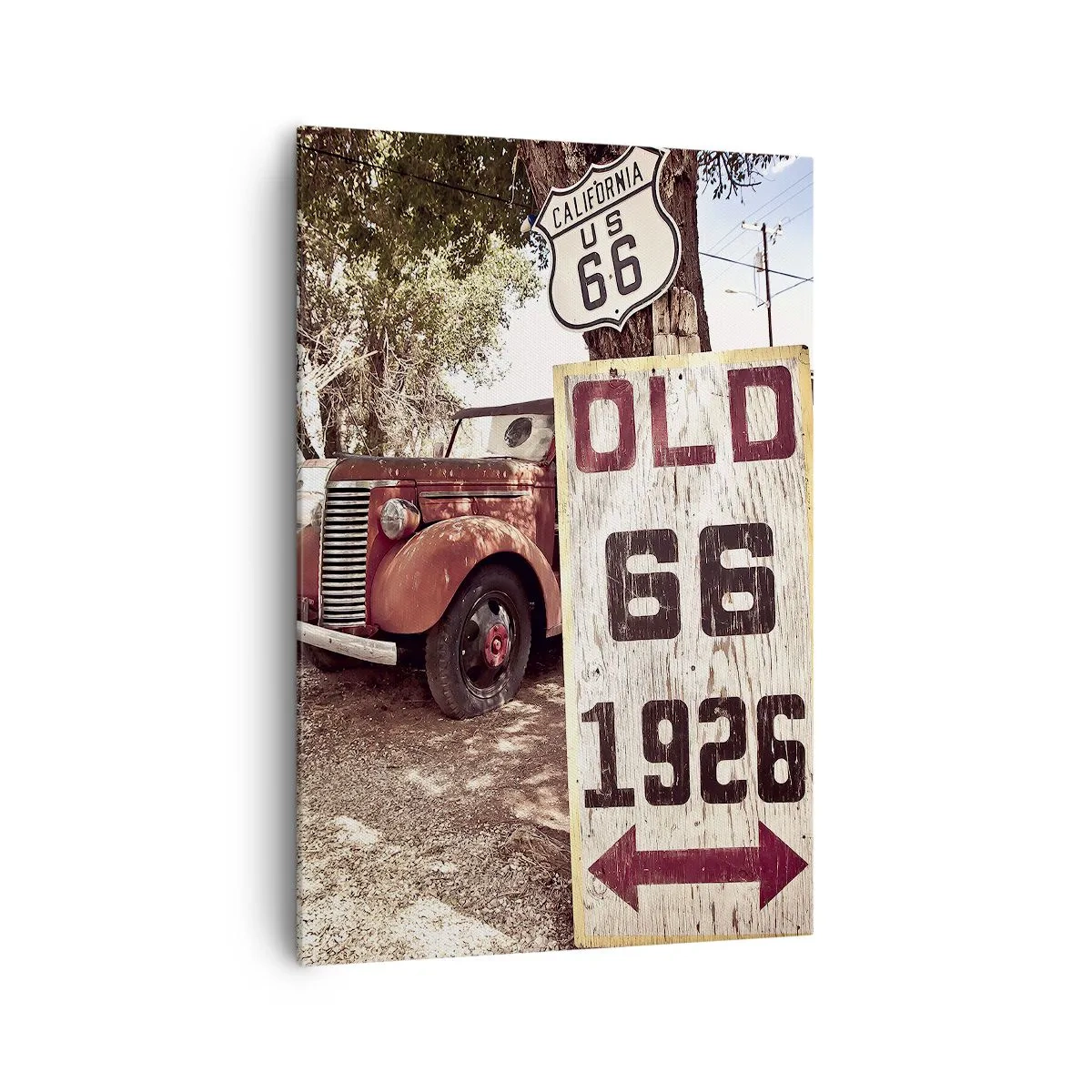 Impression sur toile - Image sur toile - Voiture rétro et panneau Route 66 dans un cadre rustique - 70x100cm - La légende de la province américaine - Décoration murale moderne pour le salon et la chambre ARTTOR