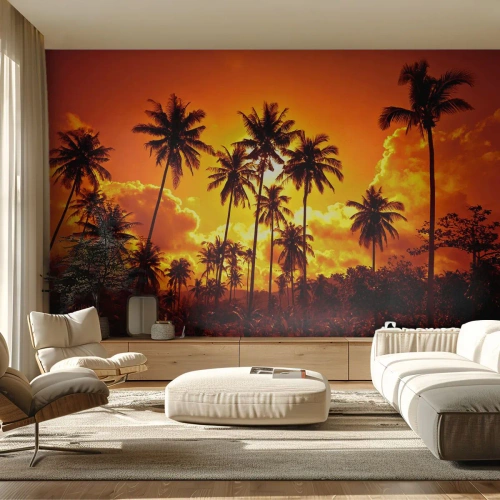 Papier Peint Autocollant Deluxe Sticker - Montagnes en feu, forêts en feu - palmiers, Tropiques, Soleil - 100x70 cm