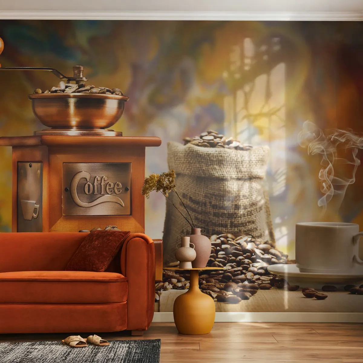 Papier Peint Photo Premium Canvas - Moulin à café avec des grains et une tasse en arrière-plan - 100x70cm - Le craquement des grains, le cliquetis d'un moulin - Décoration murale moderne pour le salon et la chambre ARTTOR