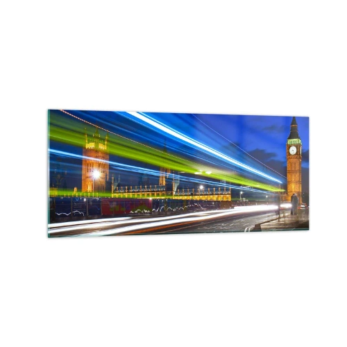 Impression sur verre - Image sur verre - Big Ben la nuit avec l'effet des lumières dans la circulation routière - 120x50cm - Sous l'œil de Big Ben - Décoration murale moderne pour le salon et la chambre ARTTOR