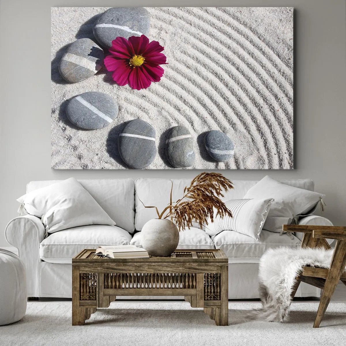 Impression sur toile - Image sur toile - Des pierres et une fleur rose sur le sable dans un style zen - 70x50cm - Énergie et paix du cercle magique de la nature - Décoration murale moderne pour le salon et la chambre ARTTOR