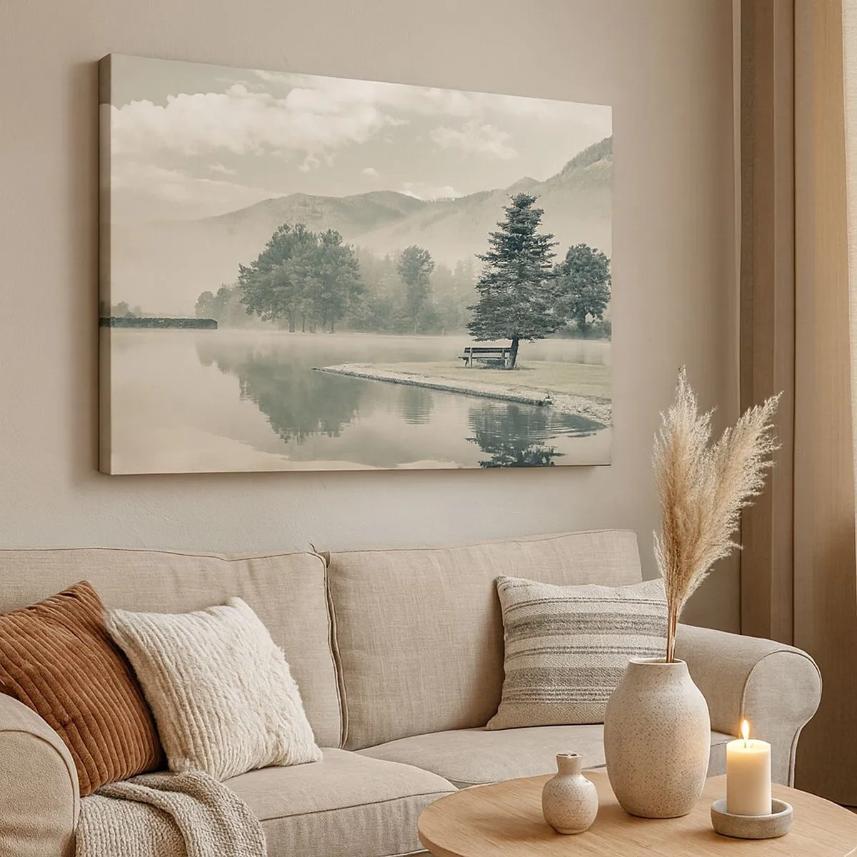 Impression sur toile - Image sur toile - Un lac pittoresque avec un banc et du brouillard en arrière-plan - 70x50cm - Le lac dort encore - Décoration murale moderne pour le salon et la chambre ARTTOR