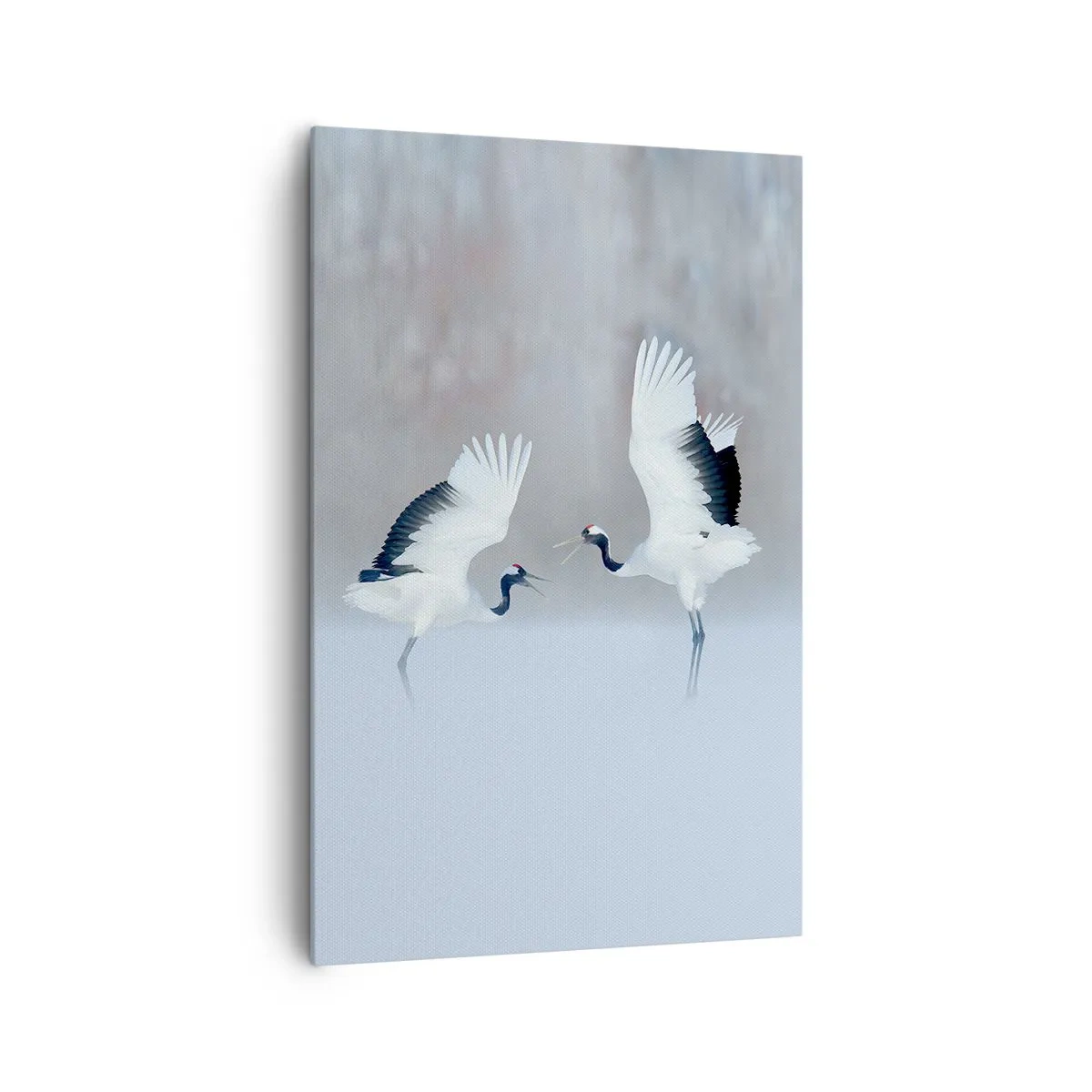 Impression sur toile - Image sur toile - Deux grues dansant dans un paysage brumeux - 80x120cm - Danse dans le brouillard - Décoration murale moderne pour le salon et la chambre ARTTOR