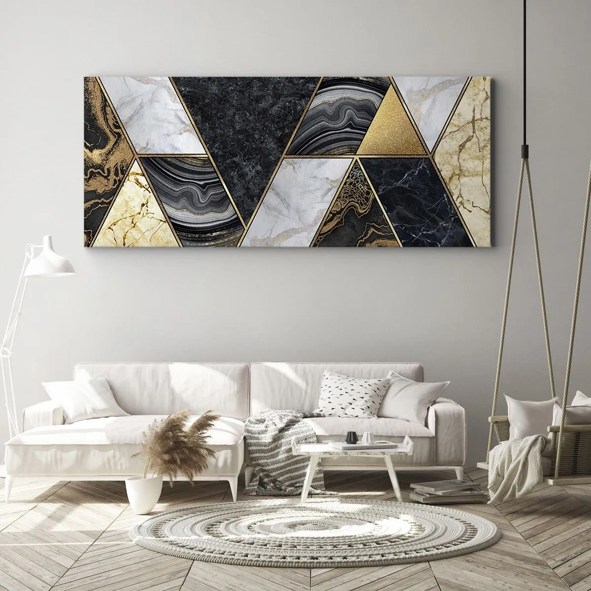 Impression sur toile - Image sur toile - Triangles géométriques en or, marbre et nuances sombres - 140x50cm - Pierre après pierre - Décoration murale moderne pour le salon et la chambre ARTTOR
