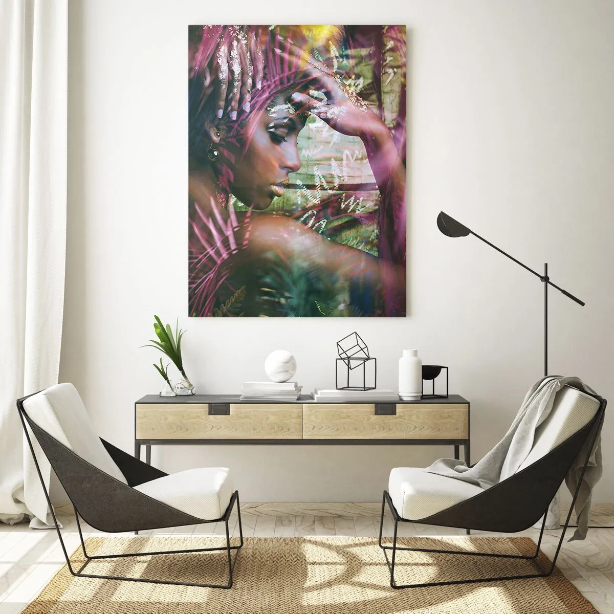 Impression sur verre - Image sur verre - Portrait d'une femme entourée d'une végétation exotique - 80x120cm - Dame Nature dans la jungle - Décoration murale moderne pour le salon et la chambre ARTTOR