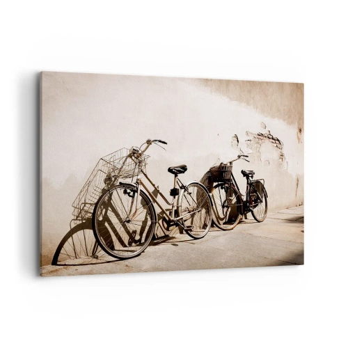 Impression sur toile - Image sur toile - Deux vélos appuyés contre un vieux mur de style rétro - 100x70cm - Le charme inoubliable du passé - Décoration murale moderne pour le salon et la chambre ARTTOR