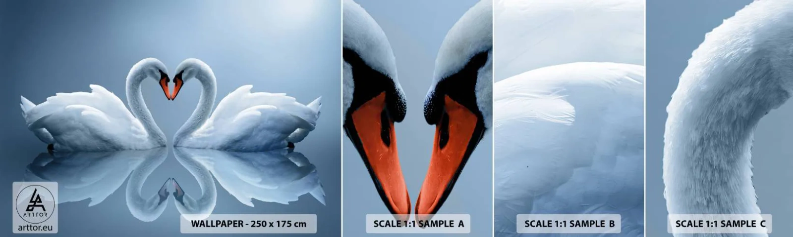 Échantillon de Papier Peint Autocollant Deluxe Sticker - Le temps de l'amour - Cygnes, Amour, Cœur - 100x30 cm