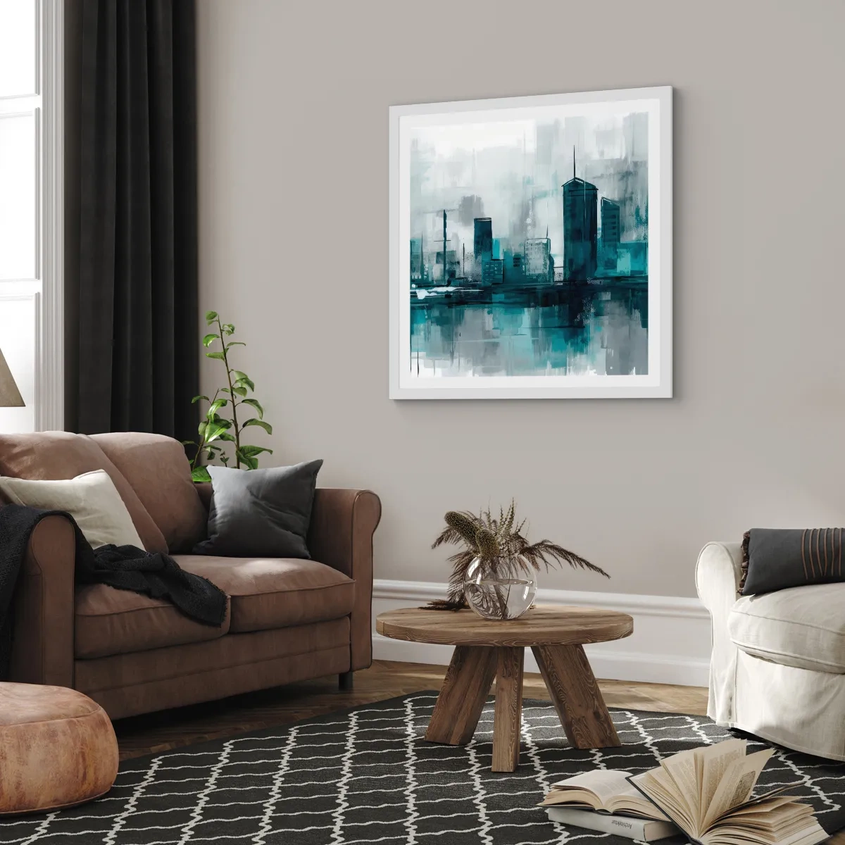 Affiche dans un cadre blanc - Poster - Une ville couleur de pluie - 60x60 cm