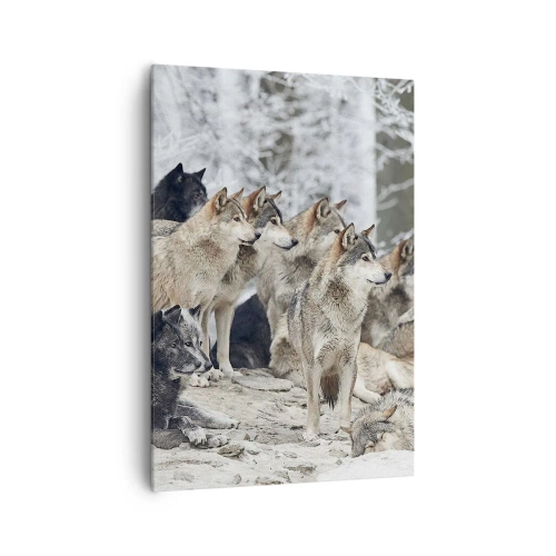 Impression sur toile - Image sur toile - Une meute de loups dans la forêt d'hiver - 70x100cm - Famille et amis - Décoration murale moderne pour le salon et la chambre ARTTOR