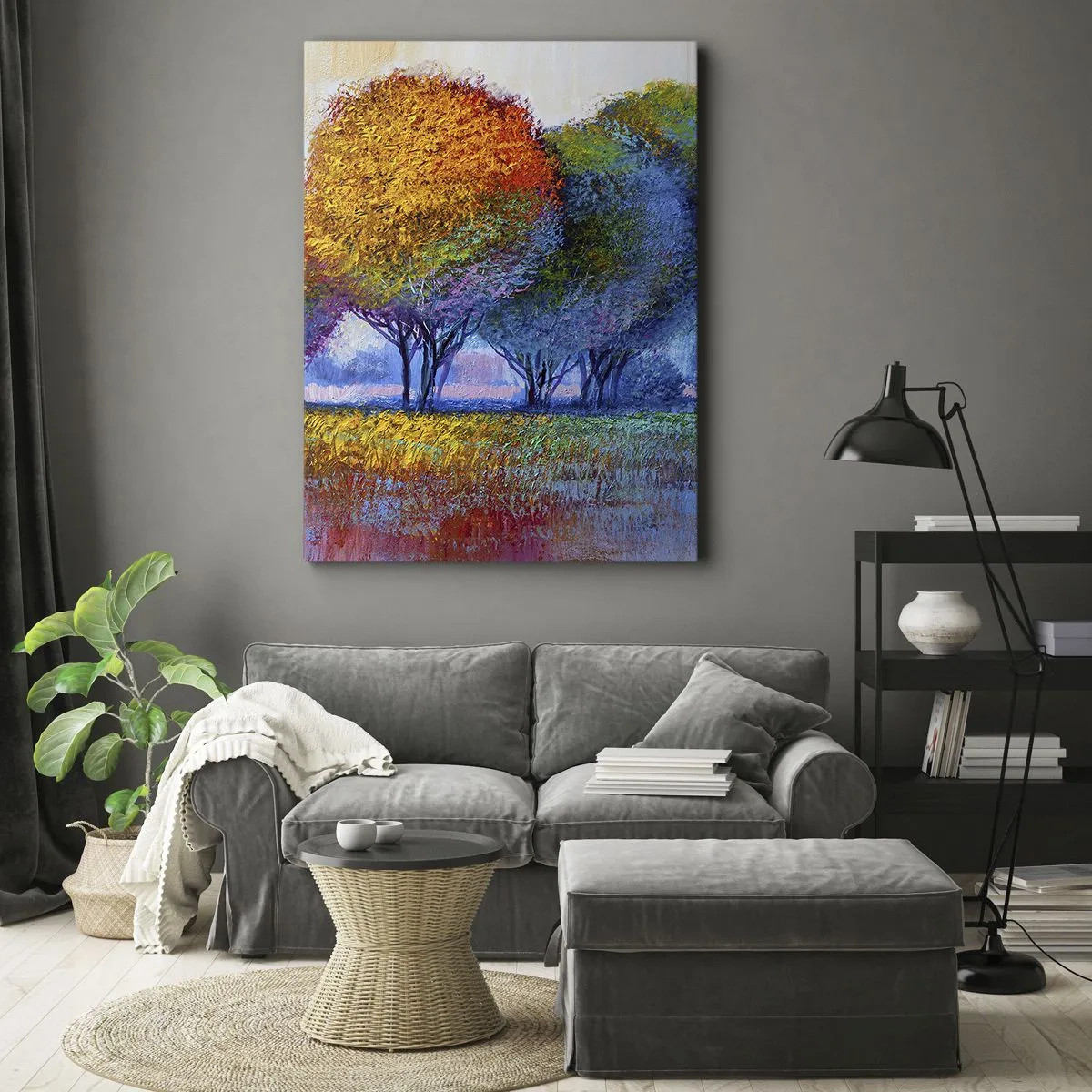 Impression sur toile - Image sur toile - Arbres colorés dans un paysage impressionniste - 50x70cm - Un bouquet de couleurs éclatantes - Décoration murale moderne pour le salon et la chambre ARTTOR
