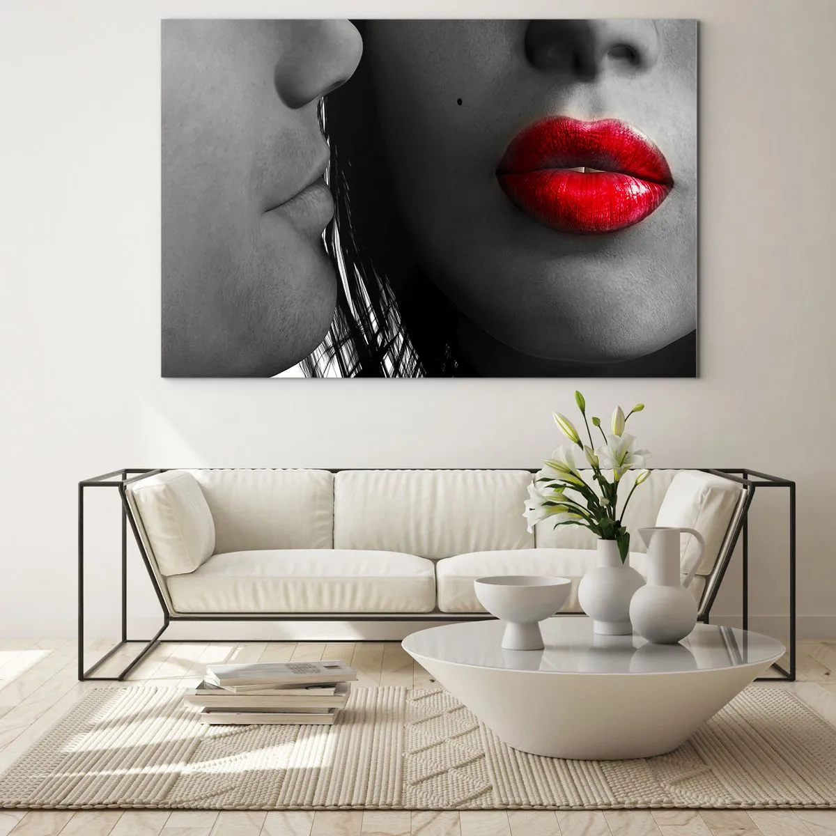 Impression sur verre - Image sur verre - Des lèvres sensuelles dans une photo contrastée - 120x80cm - Face à face - Décoration murale moderne pour le salon et la chambre ARTTOR