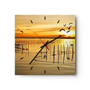 Horloge murale - Pendule murale - Coucher de soleil sur l'eau avec des oiseaux en vol - 30x30cm - À la pêche - Décoration murale moderne pour le salon et la chambre ARTTOR