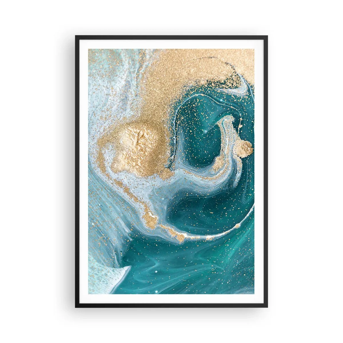 Affiche dans un cadre noir - Poster - Tourbillon d'or et de turquoise - 70x100 cm
