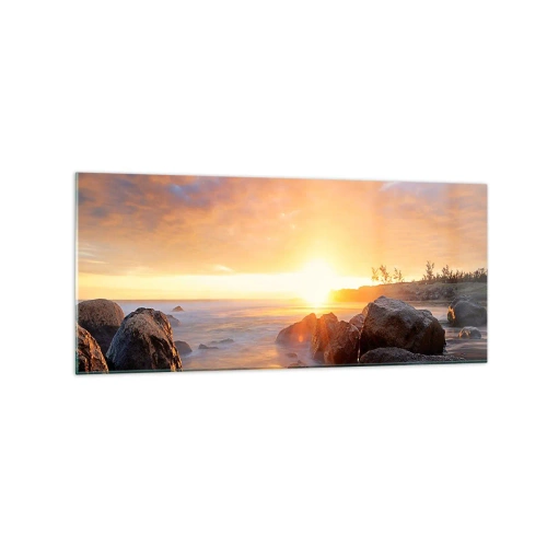 Impression sur verre - Image sur verre - Coucher de soleil sur la côte rocheuse - 120x50cm - Brise lumineuse du soir - Décoration murale moderne pour le salon et la chambre ARTTOR
