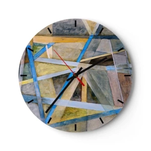 Horloge murale - Pendule murale - Abstraction géométrique avec des accents jaunes et bleus sur un fond neutre. - 30x30cm - Tout droit ou en diagonale ? - Décoration murale moderne pour le salon, la cuisine et la chambre ARTTOR