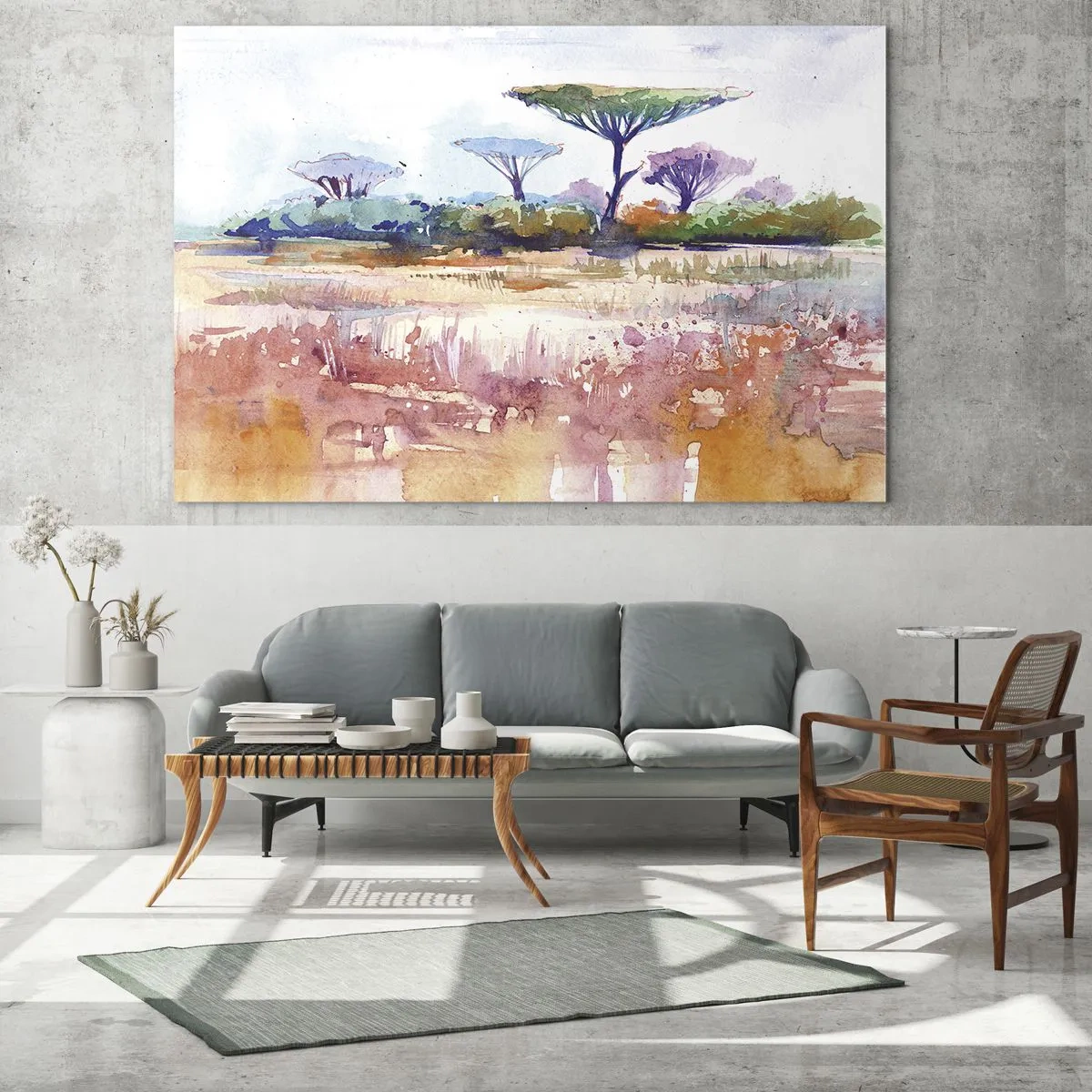 Impression sur verre - Image sur verre - Paysage de savane à l'aquarelle avec arbres et végétation - 70x50cm - Couleurs de savane - Décoration murale moderne pour le salon et la chambre ARTTOR