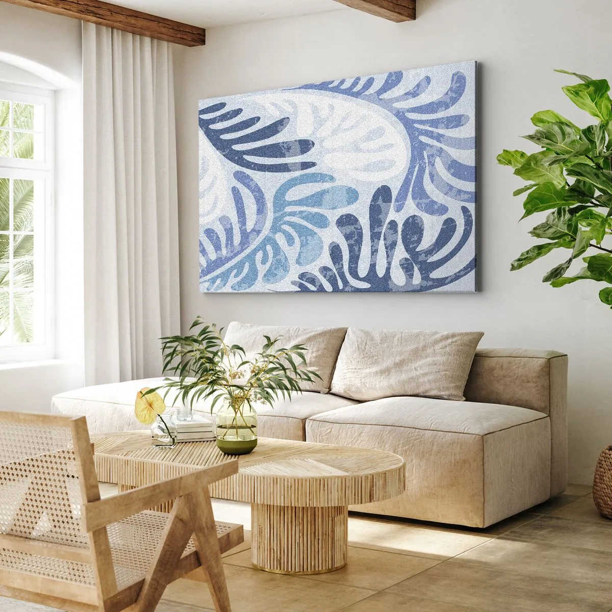 Impression sur toile - Image sur toile - Formes abstraites dans des tons de bleu sur fond blanc - 70x50cm - Fougères bleues - Décoration murale moderne pour le salon et la chambre ARTTOR