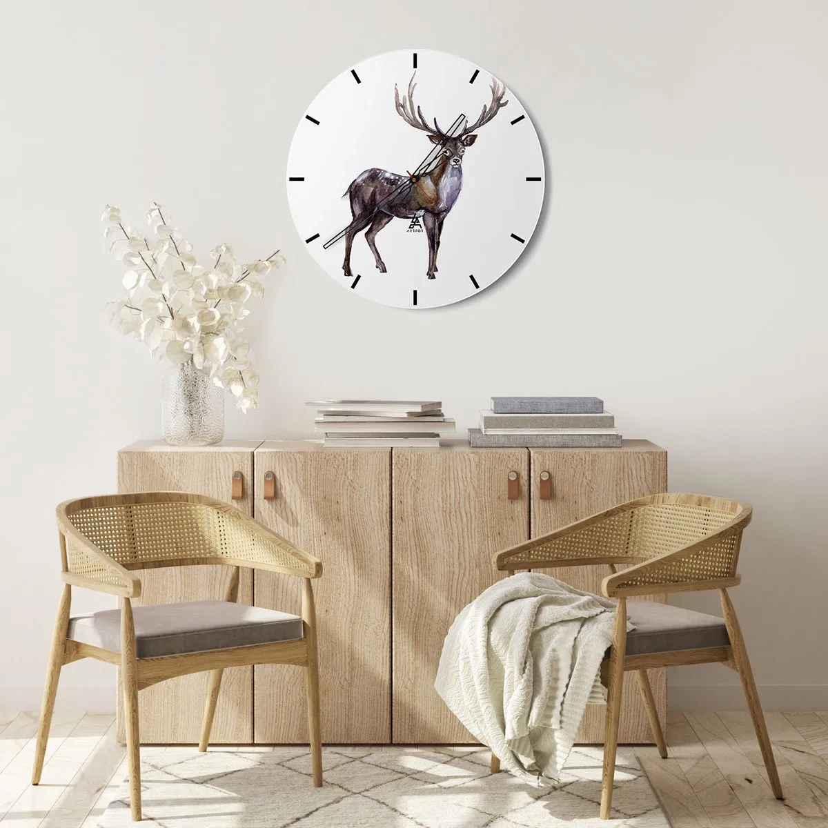 Horloge murale - Pendule murale - Image aquarelle d'un cerf - 30x30cm - Roi de la forêt du nord - Décoration murale moderne pour le salon, la cuisine et la chambre ARTTOR