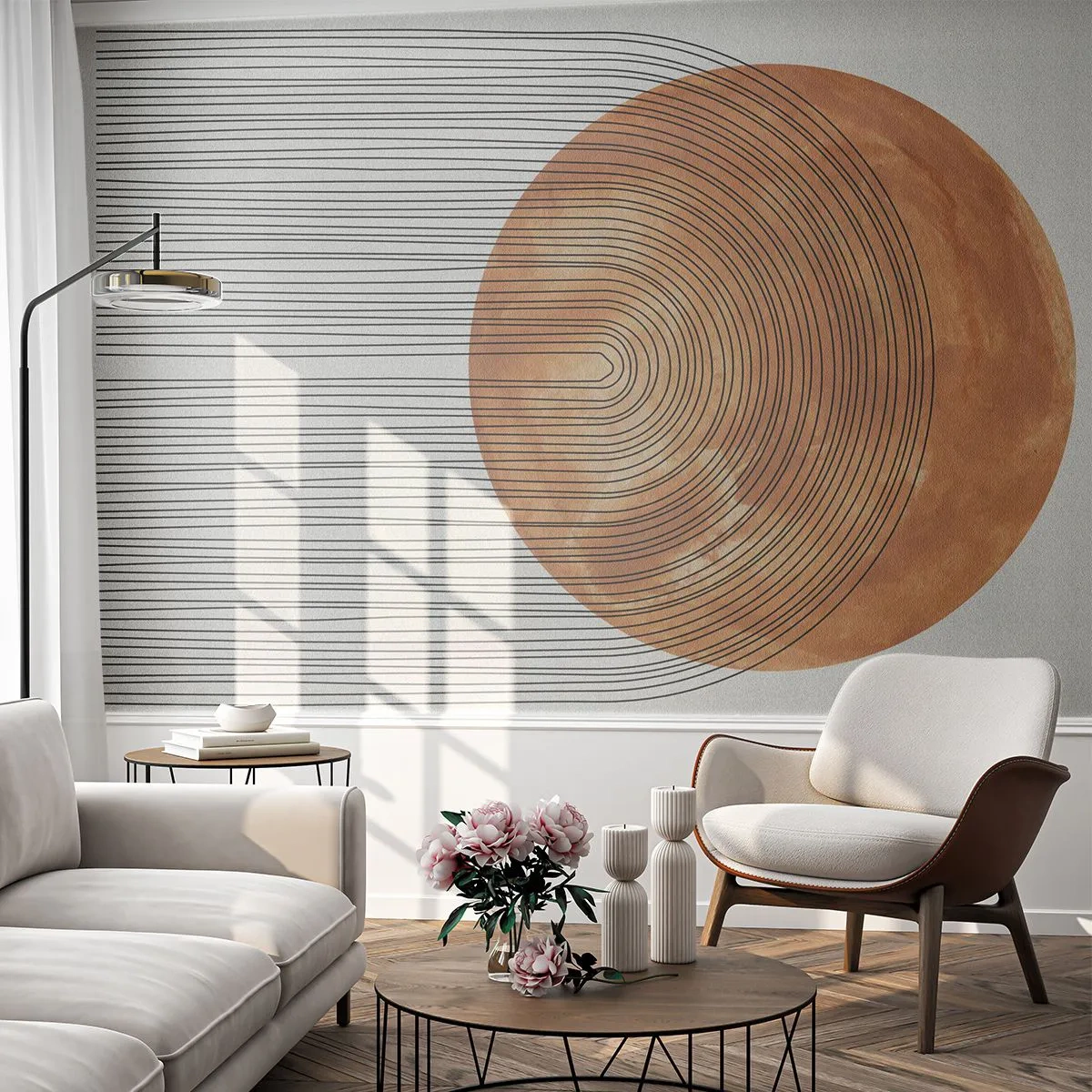 Papier Peint Photo Premium Sand - Abstraction géométrique avec un cercle de cuivre - 100x70cm - Composition solaire - Décoration murale moderne pour le salon et la chambre ARTTOR