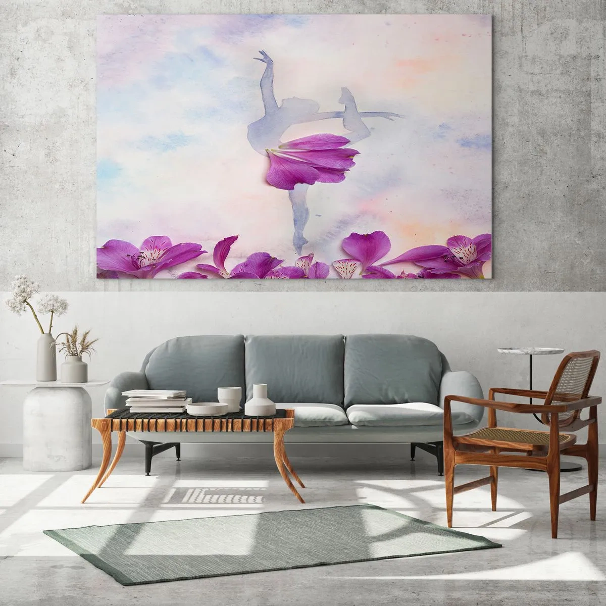 Impression sur verre - Image sur verre - Silhouette d'une ballerine avec une fleur dans une composition artistique - 70x50cm - Délicat comme une fleur - Décoration murale moderne pour le salon et la chambre ARTTOR