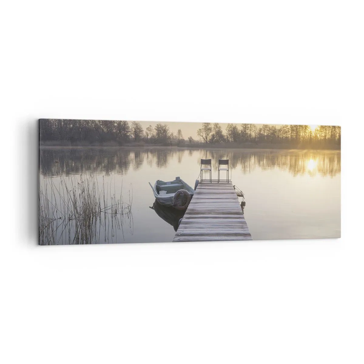 Impression sur toile - Image sur toile - Une jetée au bord du lac le matin avec un bateau et des chaises - 140x50cm - Je reviendrai - Décoration murale moderne pour le salon et la chambre ARTTOR