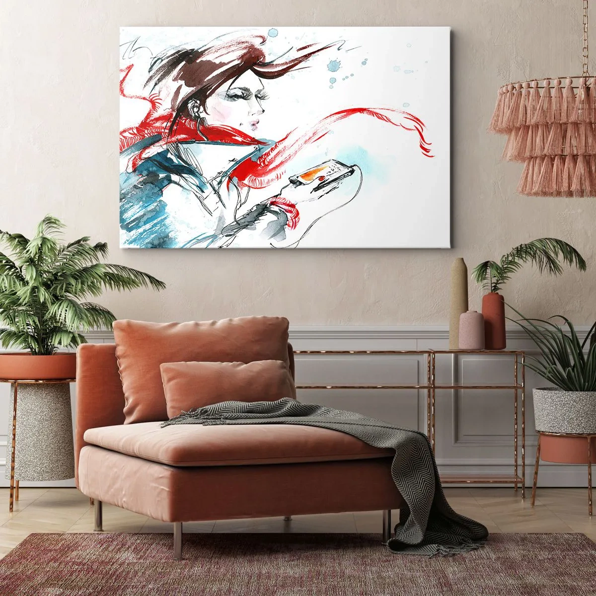 Impression sur toile - Image sur toile - Une femme portant un foulard rouge avec des traits d'aquarelle dynamiques - 120x80cm - Quelque chose se passe en moi - Décoration murale moderne pour le salon et la chambre ARTTOR