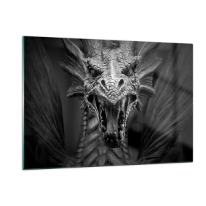 Impression sur verre - Image sur verre - Portrait détaillé d'un dragon en noir et blanc - 120x80cm - Un dragon imaginaire grisâtre - Décoration murale moderne pour le salon et la chambre ARTTOR