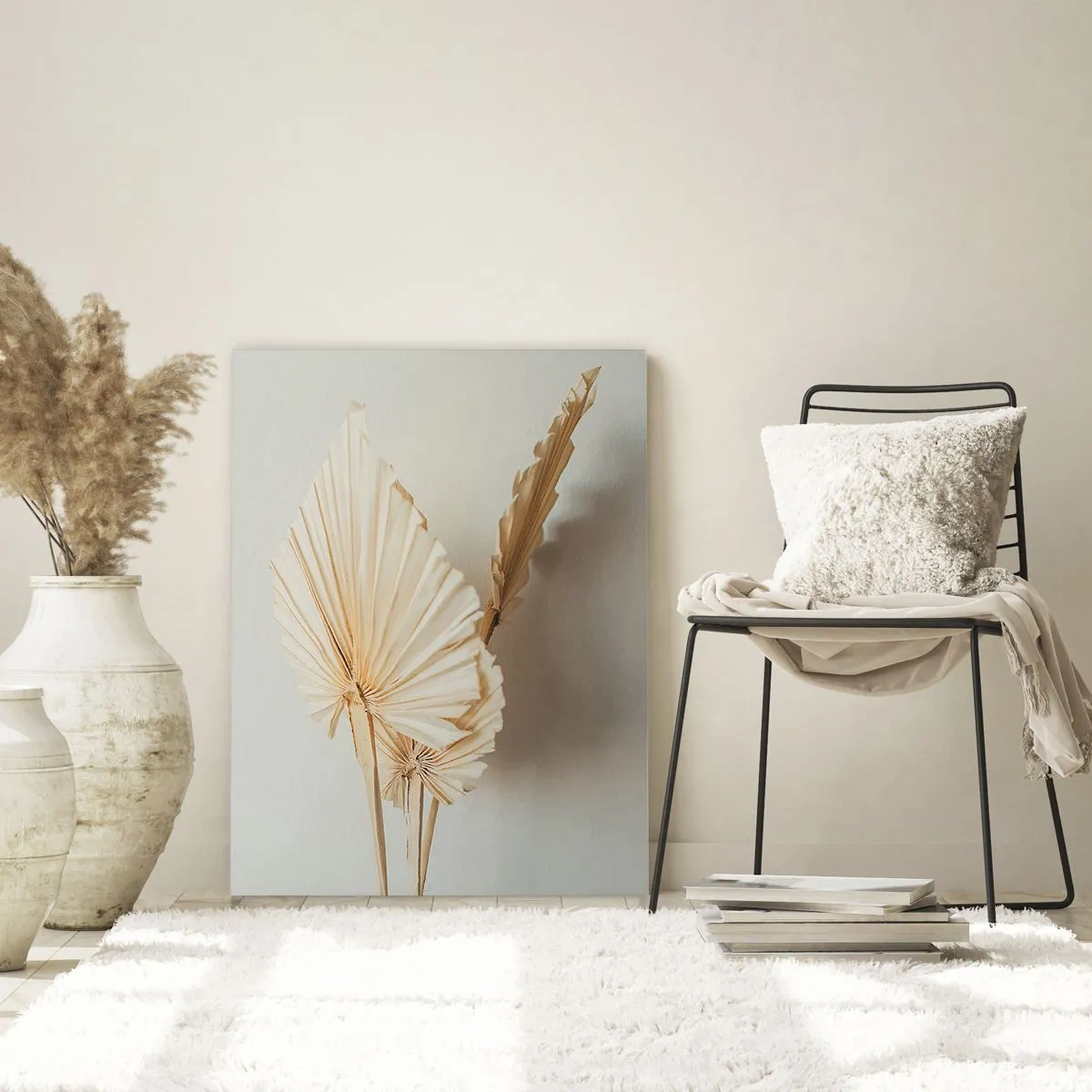 Impression sur verre - Image sur verre - Feuilles de palmier séchées dans un arrangement minimaliste - 80x120cm - Quand tu dois t’apaiser - Décoration murale moderne pour le salon et la chambre ARTTOR