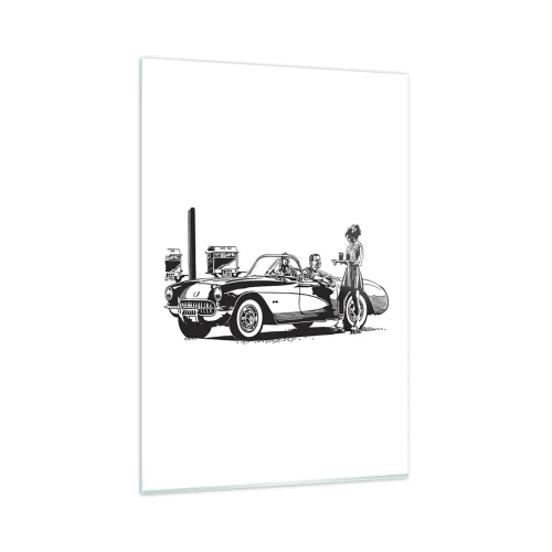 Impression sur verre - Image sur verre - Une scène rétro en noir et blanc avec une voiture et une serveuse en patins à roulettes. - 80x120cm - 60's - Amérique insouciante - Décoration murale moderne pour le salon et la chambre ARTTOR