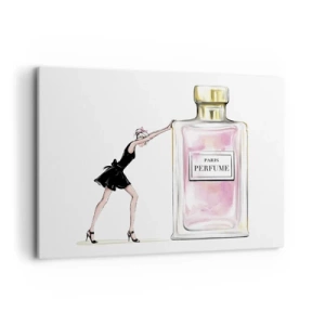 Impression sur toile - Image sur toile - Une femme en robe noire à côté d'un flacon de parfum - 100x70cm - L'essence des femmes - Décoration murale moderne pour le salon et la chambre ARTTOR
