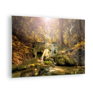 Impression sur verre - Image sur verre - Cascade forestière dans la verdure - 70x50cm - Cascade de forêt en vert - Décoration murale moderne pour le salon et la chambre ARTTOR