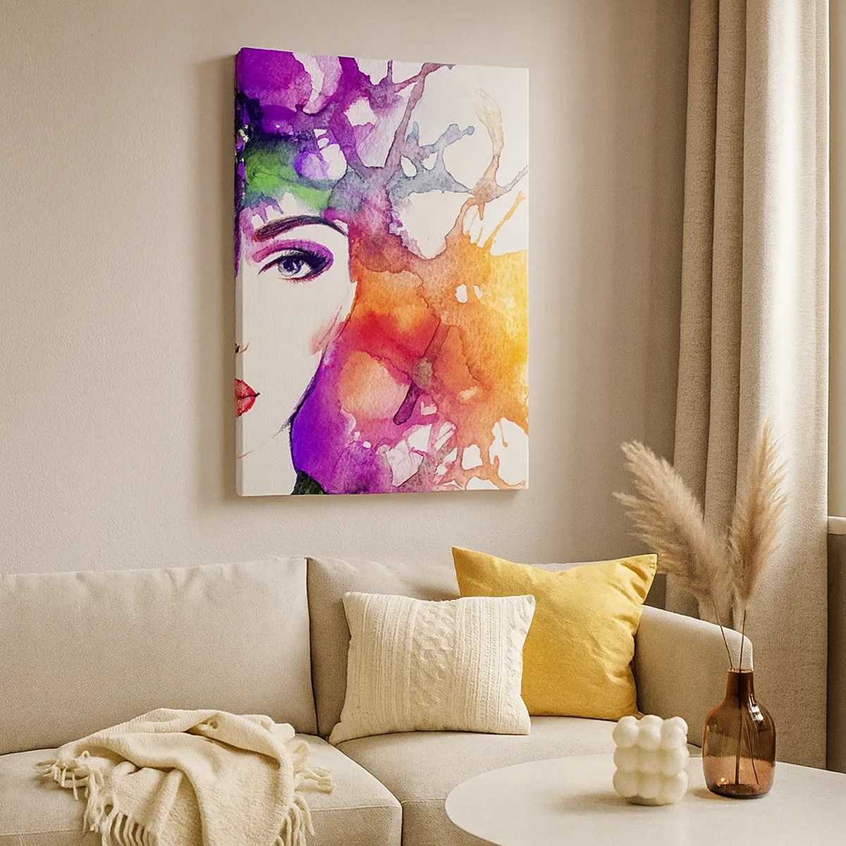 Impression sur toile - Image sur toile - Portrait d'une femme aux couleurs aquarelles avec des taches abstraites - 50x70cm - Avec la tête dans les nuages - Décoration murale moderne pour le salon et la chambre ARTTOR