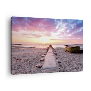 Impression sur toile - Image sur toile - Plage au lever du soleil avec bateau et jetée - 70x50cm - Moment d'expérience profonde - Décoration murale moderne pour le salon et la chambre ARTTOR
