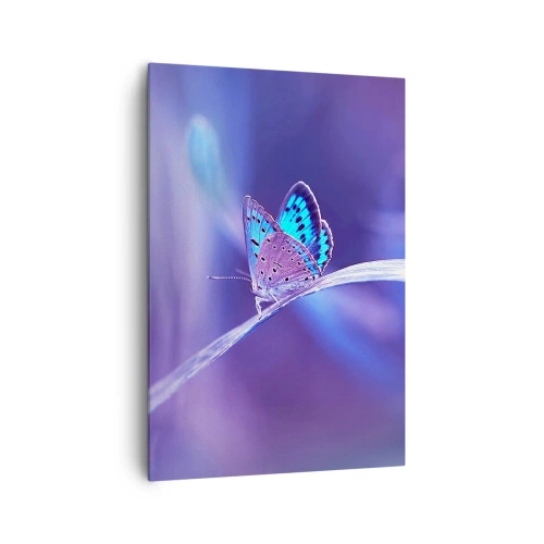 Impression sur toile - Image sur toile - Un délicat papillon bleu sur une tige dans une lumière violette - 70x100cm - Un joyau de la nature - Décoration murale moderne pour le salon et la chambre ARTTOR