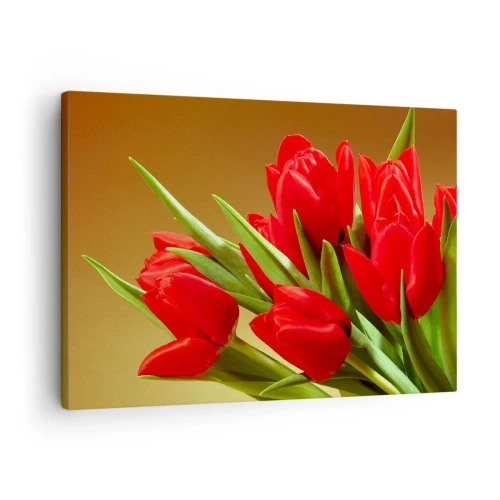 Impression sur toile - Image sur toile - Un bouquet de tulipes rouges sur fond doré avec des feuilles vertes. - 70x50cm - Amas de joie printanière - Décoration murale moderne pour le salon et la chambre ARTTOR