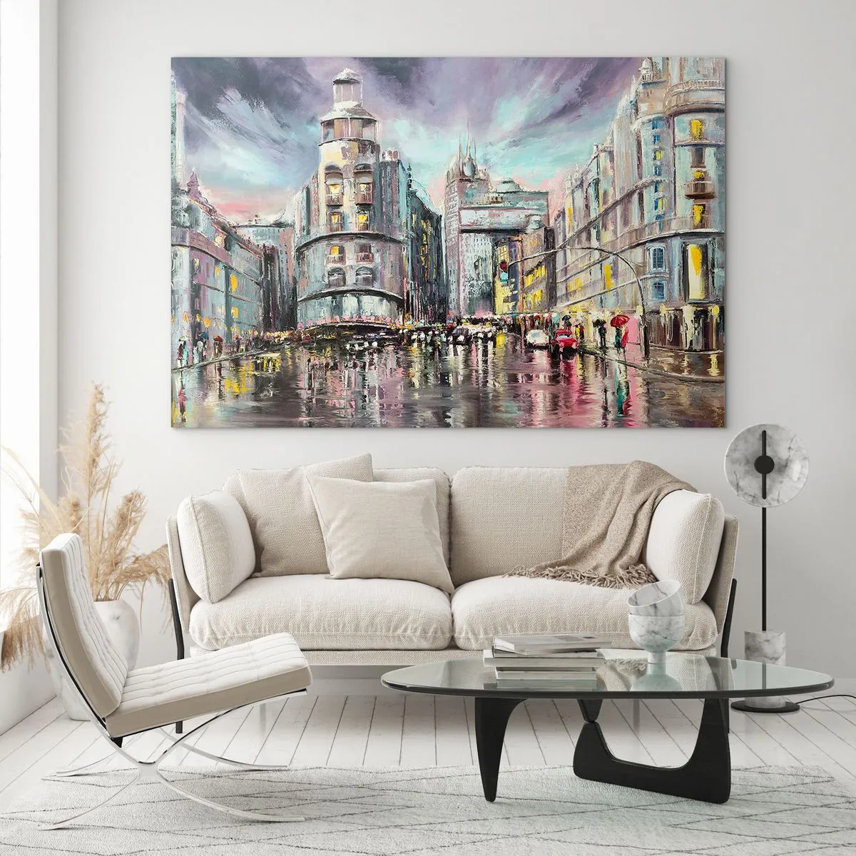Impression sur verre - Image sur verre - Une rue de la ville sous la pluie avec un reflet spectaculaire des lumières - 70x50cm - Ce sera une soirée réussie - Décoration murale moderne pour le salon et la chambre ARTTOR