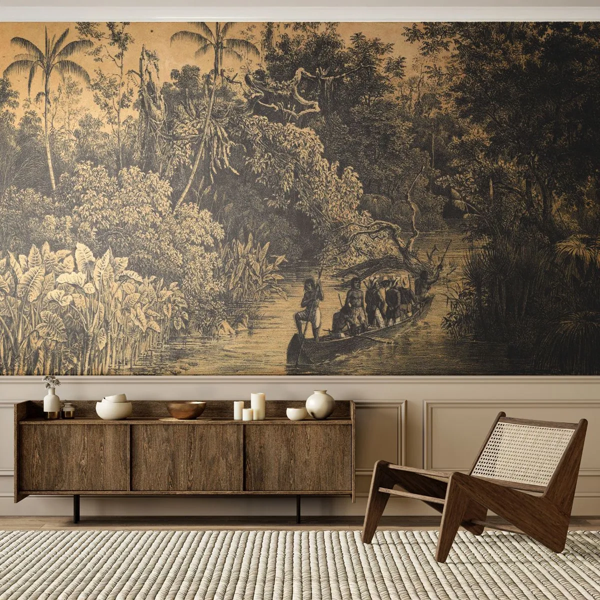 Papier Peint Photo Premium Sand - Scène de jungle de dessin animé avec un bateau sur la rivière - 100x70cm - Expédition à la source - Décoration murale moderne pour le salon et la chambre ARTTOR