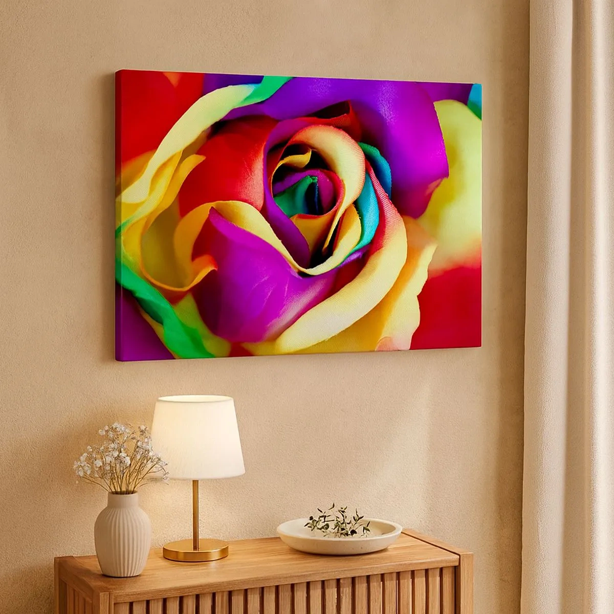 Impression sur toile - Image sur toile - Une rose colorée aux nuances de l'arc-en-ciel - 70x50cm - Ce n'est pas possible - Décoration murale moderne pour le salon et la chambre ARTTOR