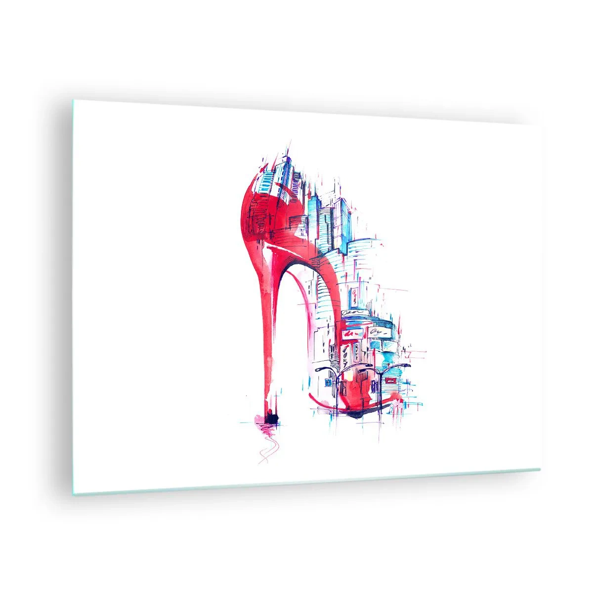 Impression sur verre - Image sur verre - Stiletto rouge avec un motif d'architecture urbaine - 70x50cm - L'élégance des grandes villes - Décoration murale moderne pour le salon et la chambre ARTTOR
