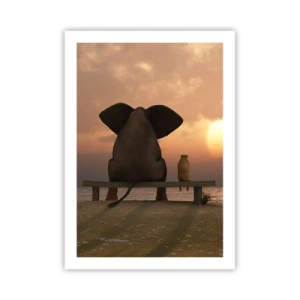Affiche - Poster - Éléphant et chien sur un banc au soleil couchant - 50x70cm - C'est bon de garder le silence ensemble - Décoration murale moderne pour le salon et la chambre ARTTOR