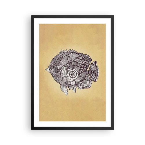 Affiche dans un cadre noir - Poster - Poisson artistique de style mandala sur fond beige - 50x70cm - D'un océan d'ornements - Décoration murale moderne pour le salon et la chambre ARTTOR