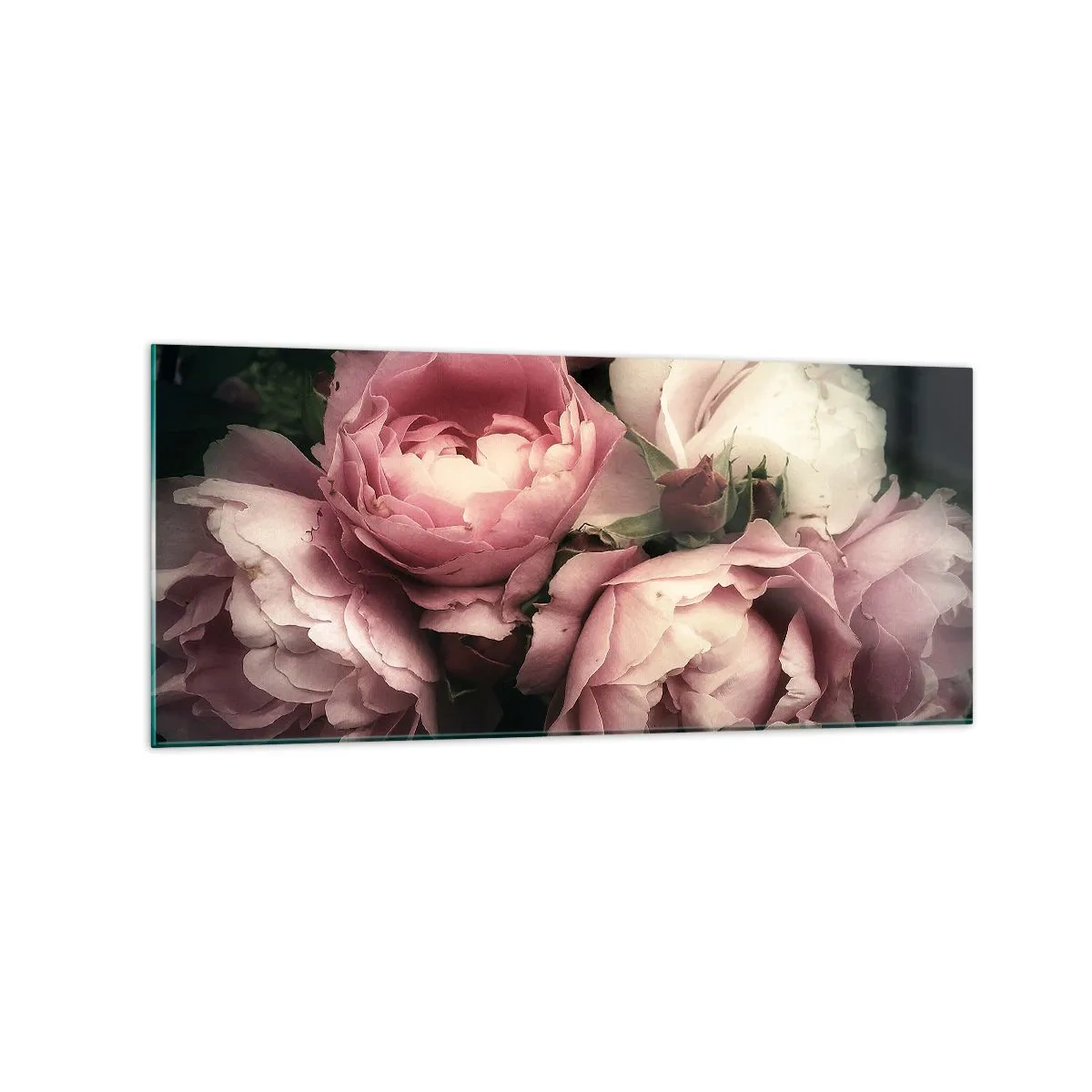 Impression sur verre - Image sur verre - Un bouquet de roses aux tons délicats de rose et de blanc - 120x50cm - Le charme de la belle époque - Décoration murale moderne pour le salon et la chambre ARTTOR