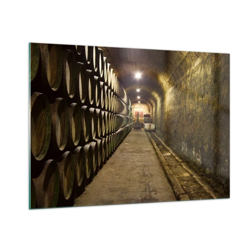 Impression sur verre - Image sur verre - Cave à vin avec rangées de barriques - 100x70cm - Qu'il est bon de s'allonger - Décoration murale moderne pour le salon et la chambre ARTTOR