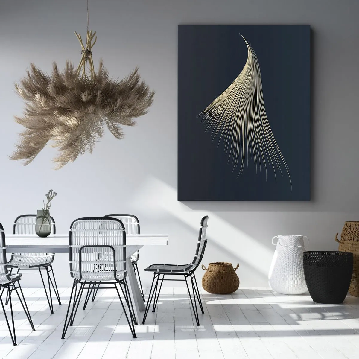 Impression sur toile - Image sur toile - Une ligne délicate en forme de plume sur un fond bleu marine - 50x70cm - Comme les cheveux d'un ange - Décoration murale moderne pour le salon et la chambre ARTTOR