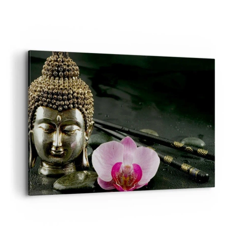 Impression sur toile - Image sur toile - Une statuette de Bouddha avec une orchidée et des baguettes sur un fond de pierres - 100x70cm - Harmonie de la sagesse et de la beauté - Décoration murale moderne pour le salon et la chambre ARTTOR